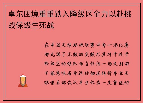 卓尔困境重重跌入降级区全力以赴挑战保级生死战